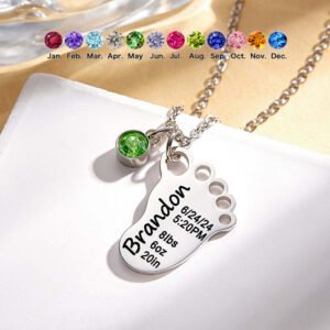 Personalized Baby Footprint Necklace - Custom Newborn Memorial Gift with Birth Date, Weight, Length, Includes Birthstone Charm, Hypoallergenic & Tarnish Resistant&Custom Necklace, Baby Footprint, Newborn Gift, Gift for Mom, Baptism Gift, Baby Shower Gift, Personalized Jewelry, Birthstone Necklace, Hypoallergenic, Tarnish Resistant