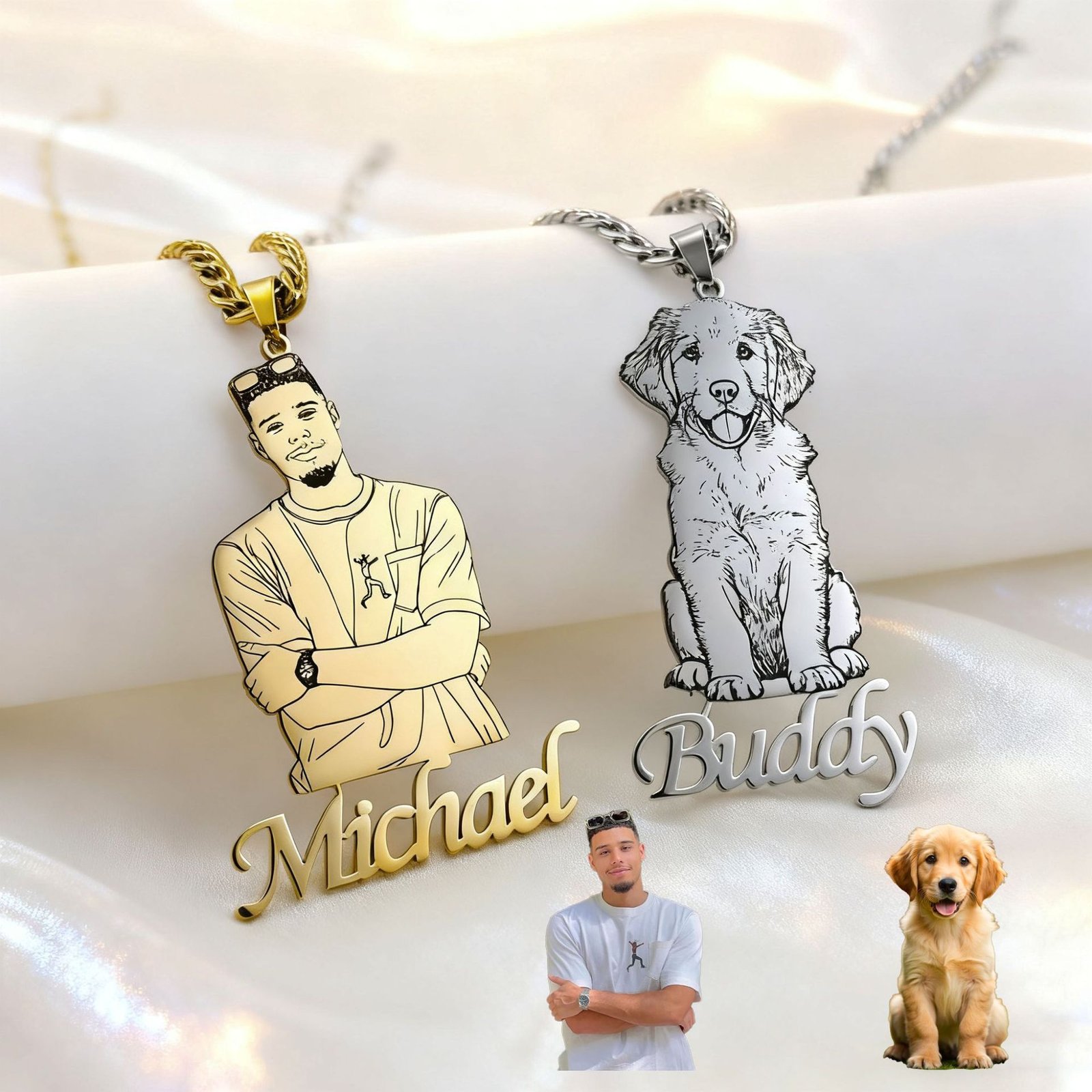 Personalized Human & Pet Portrait Necklace - Custom Owner & Dog Memorial Gift, Engrave Names, Hypoallergenic & Tarnish Resistant& Gifts, For oneself, For friends, For lovers, For family members ,Elegant, Distinctive, Beautiful