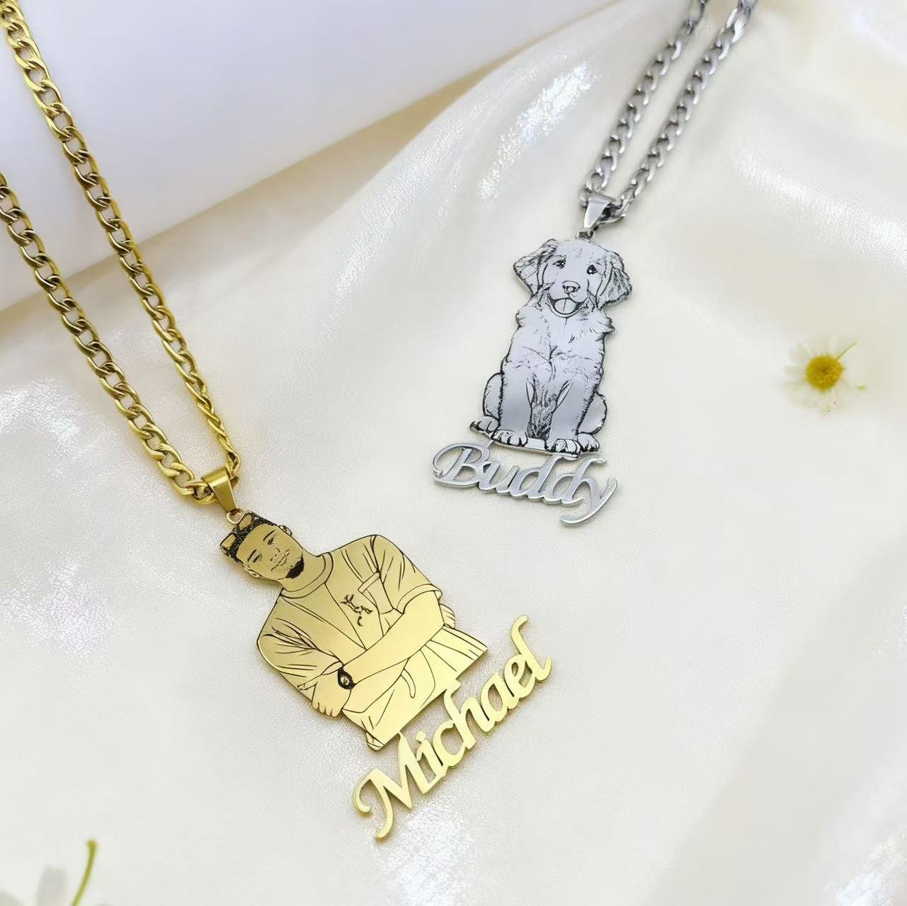 Personalized Human & Pet Portrait Necklace - Custom Owner & Dog Memorial Gift, Engrave Names, Hypoallergenic & Tarnish Resistant& Gifts, For oneself, For friends, For lovers, For family members ,Elegant, Distinctive, Beautiful - 图片 8