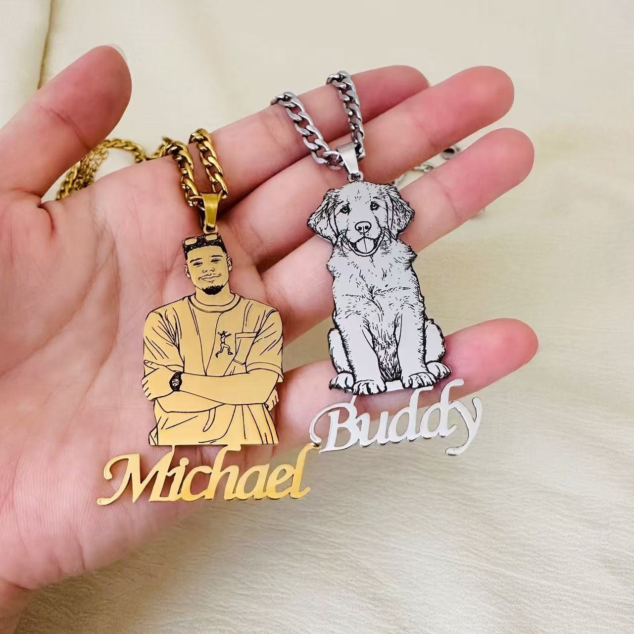 Personalized Human & Pet Portrait Necklace - Custom Owner & Dog Memorial Gift, Engrave Names, Hypoallergenic & Tarnish Resistant& Gifts, For oneself, For friends, For lovers, For family members ,Elegant, Distinctive, Beautiful - 图片 9