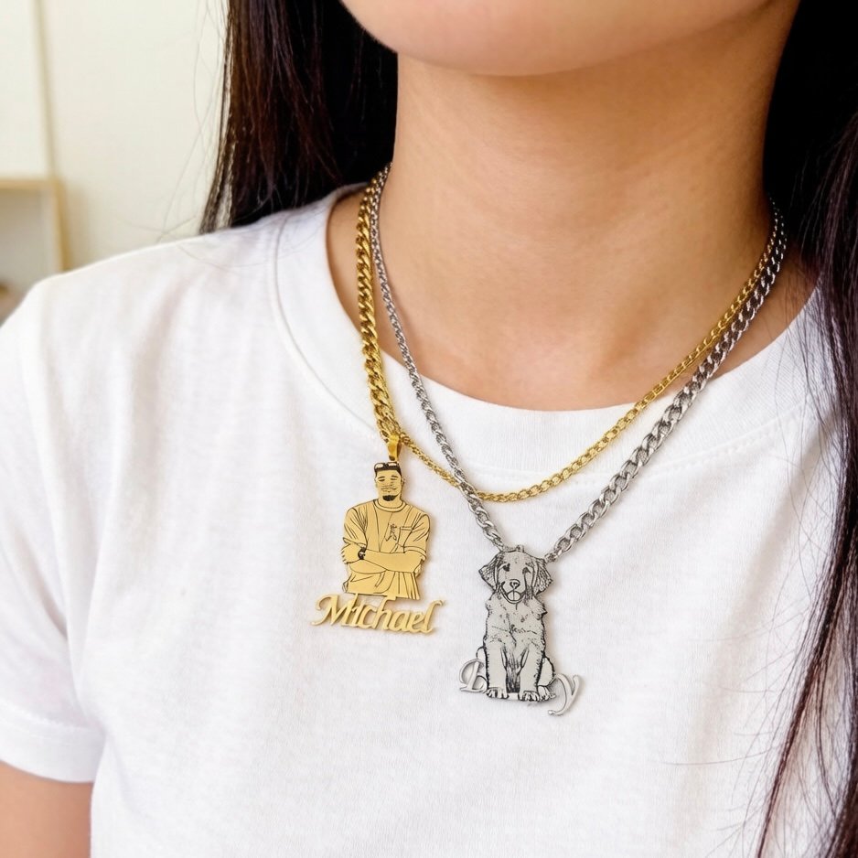 Personalized Human & Pet Portrait Necklace - Custom Owner & Dog Memorial Gift, Engrave Names, Hypoallergenic & Tarnish Resistant& Gifts, For oneself, For friends, For lovers, For family members ,Elegant, Distinctive, Beautiful - 图片 3