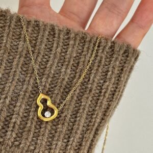 Minimalist Gourd Necklace with Crystal Accent | Chinese Lucky Talisman Pendant Necklace | Dainty Gold Layering Choker for Women | Hypoallergenic Titanium Steel | Modern Oriental Style Jewelry